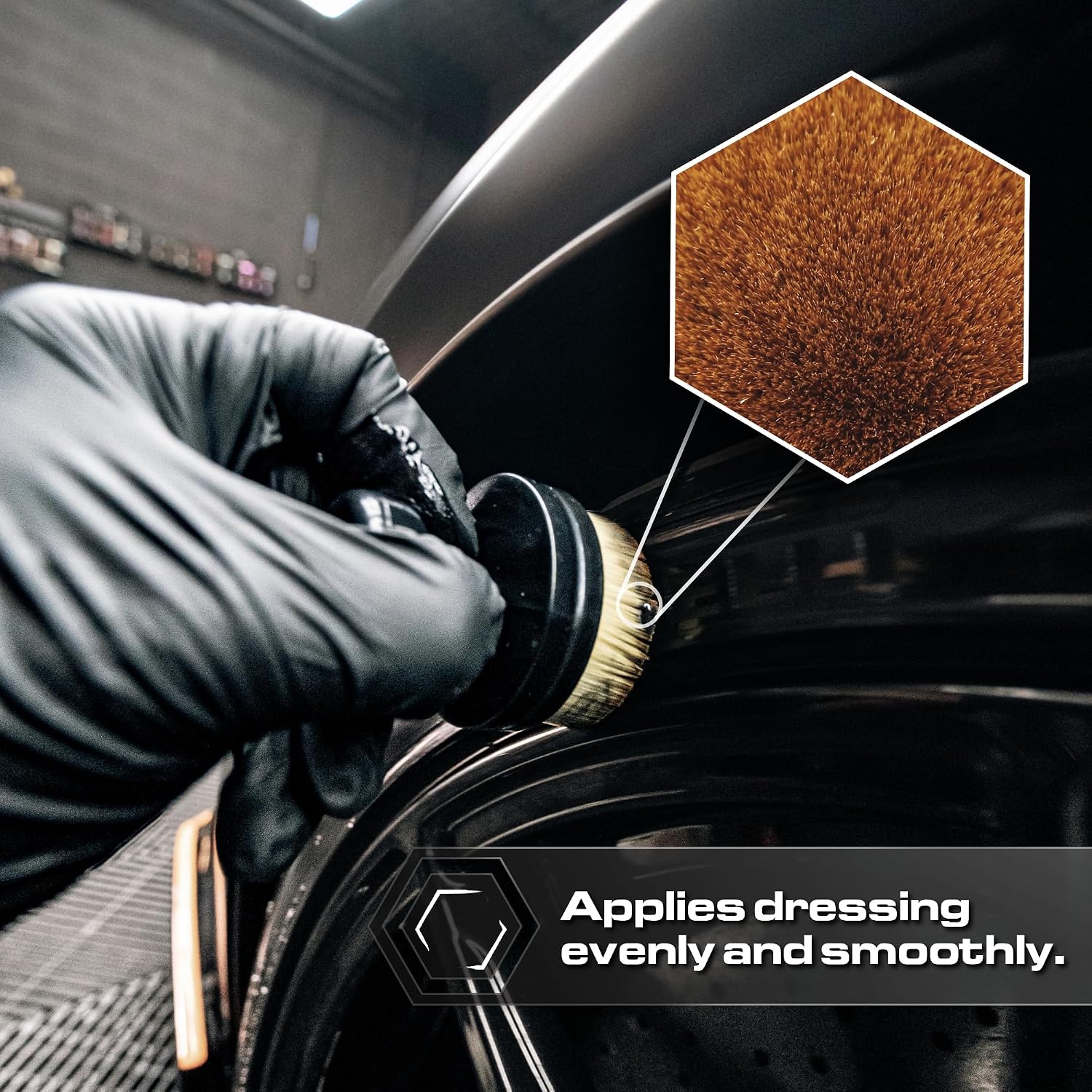 Tire Shine Applicator Brush - Soft Bristle, Mess-Free, with Stand | Soft-bristle applicator spreads tire dressing