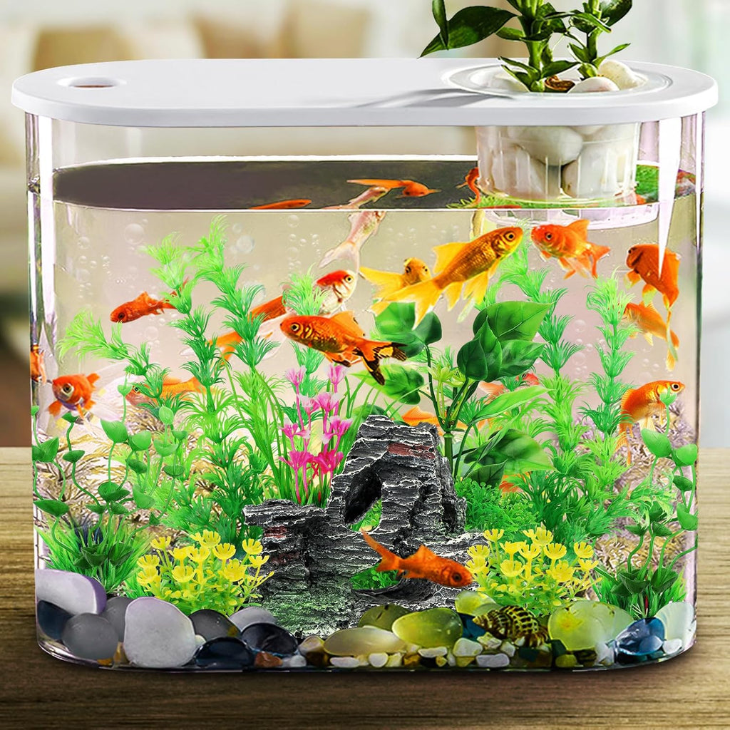 Fish Tank Accessories Artificial Plants, 9pcs Green Aquarium Decorations Plants and Cave Rock Decor Set, Aquarium