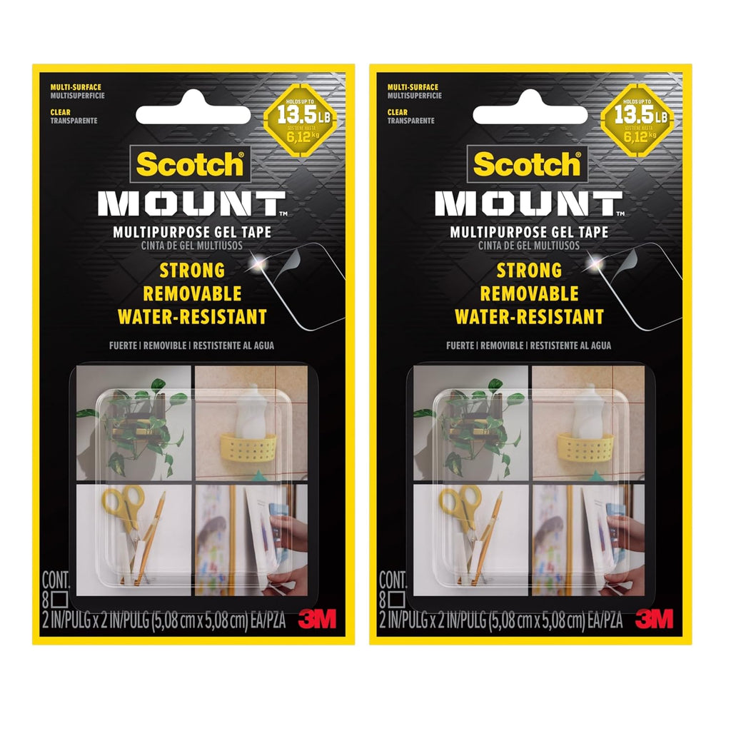 Mount Multipurpose Gel Tape Squares, Double-Sided Removable Mounting, 2-Inch Clear Squares, 16 Total (2 Packs of 8)
