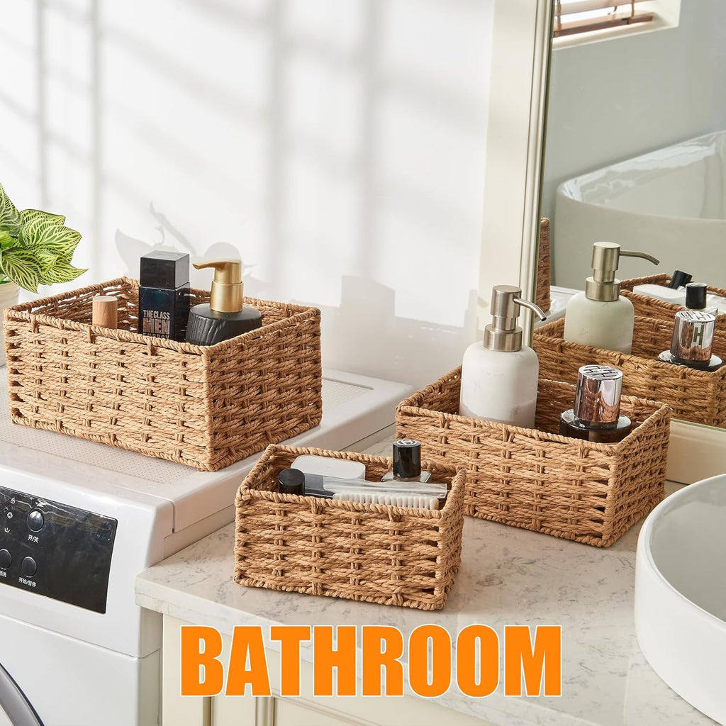 Small Wicker Basket for Organizing, Woven Storage Basket Set of 3 - Handwoven Natural Paper Rope Baskets to Declutter