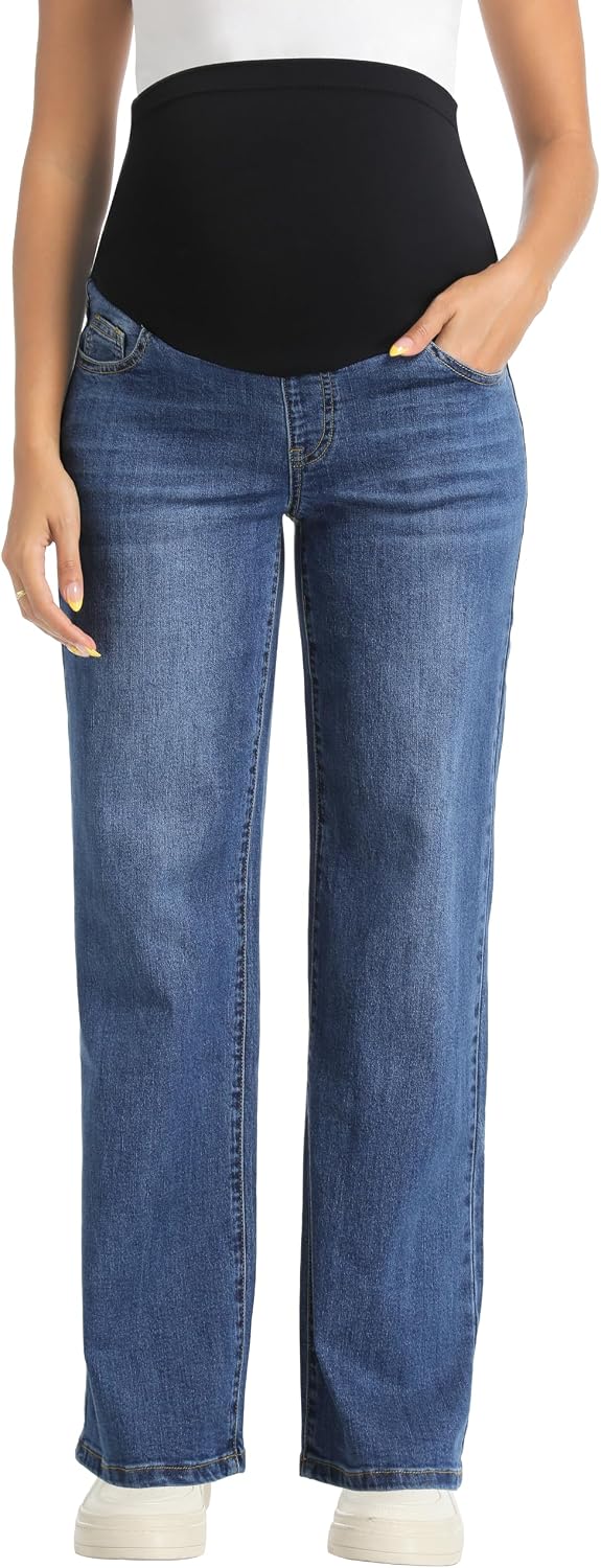 Maternity Jeans Straight Leg Pregnancy Wide Leg Denim Pants