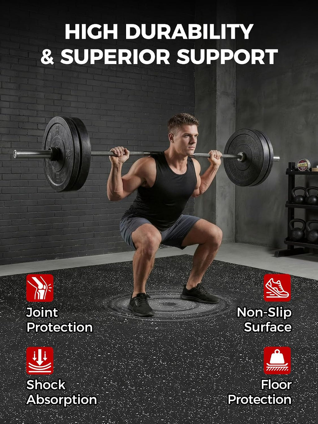 0.79" Extra Thick Rubber Top Gym Flooring, 12 Tiles 48 Sq Ft Heavy Duty Interlocking Exercise Mats, High Density EVA