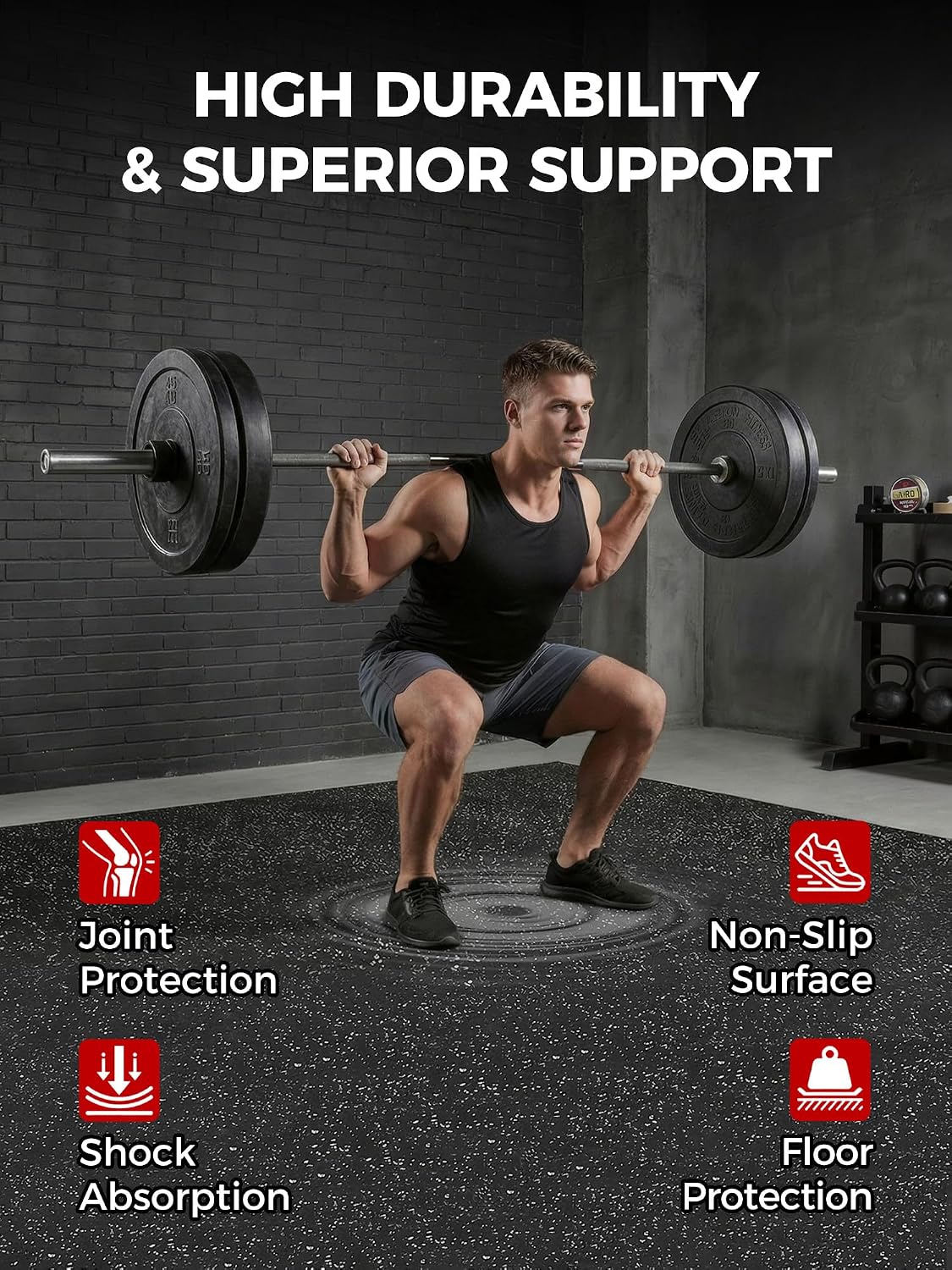 0.79" Extra Thick Rubber Top Gym Flooring, 12 Tiles 48 Sq Ft Heavy Duty Interlocking Exercise Mats, High Density EVA