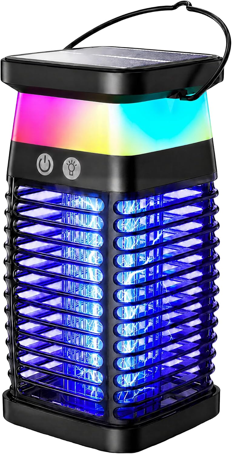 Solar Bug Zapper Outdoor/Indoor, 4000V Electric Mosquito Zapper with Flickering Flame & RGB Atmosphere Light