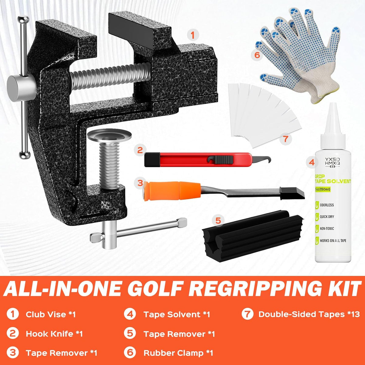 Golf Club Regripping Kit with Bench Vise – Complete Grip Repair & Replacement Set with Rubber Clamp, Solvent, Tape
