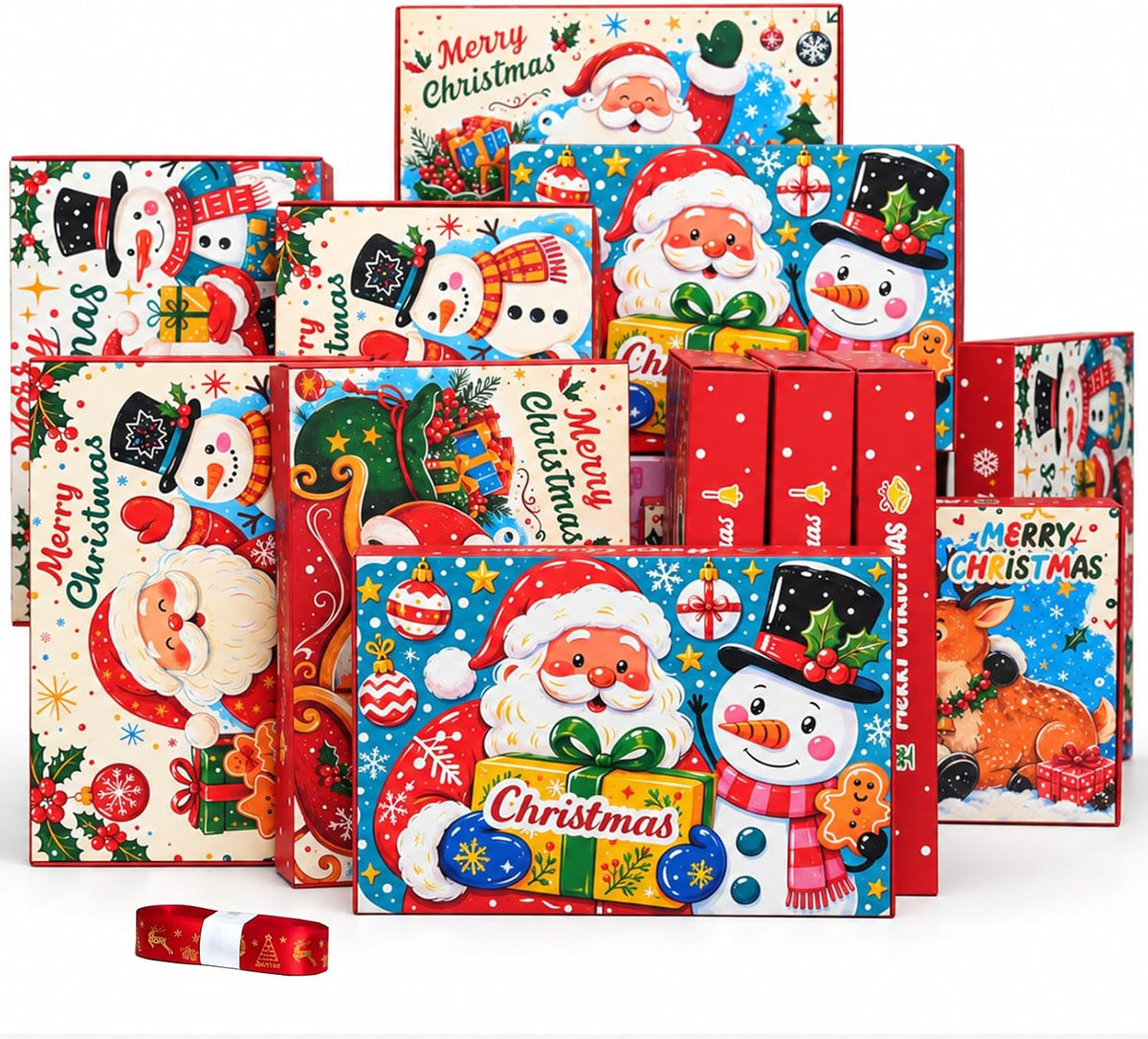 12 Pack Christmas Gift Boxes with Lids, with 16.4 Yd Foil Ribbon