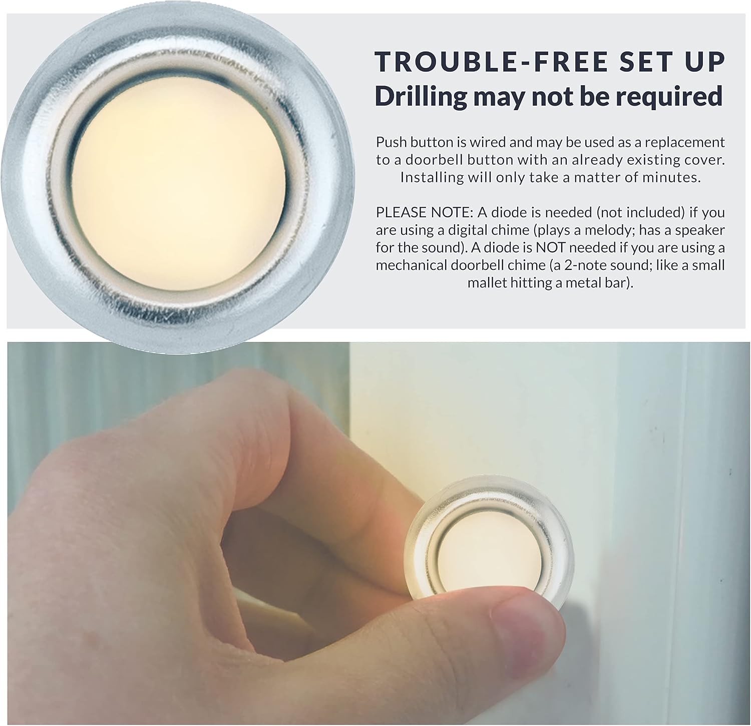 FMBSL Lighted Flush Mount Door Chime Doorbell Button, 1-Pack, Silver