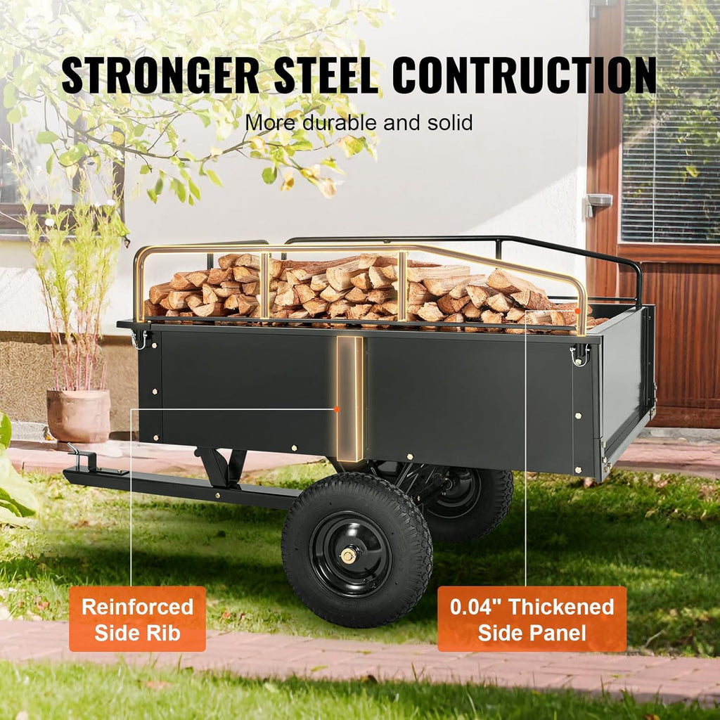 Heavy Duty ATV Trailer Steel Dump Cart, 750 lbs 15 Cubic Feet, Garden Utility Trailer Yard Trailers with Removable