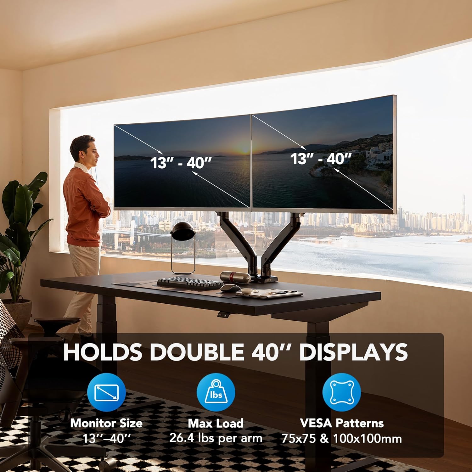 Dual Monitor Stand for 13″–40″, Premium Dual Monitor Mount with USB, Height Adjustable Monitor Stand for 2 Monitors