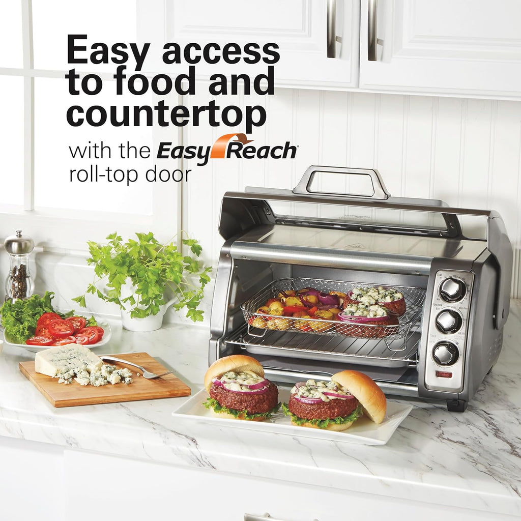 Easy Reach 6 Slice Countertop Air Fryer Toaster Oven Combo | Roll-Top Door For Easy Access | Bake, Broil & Toast