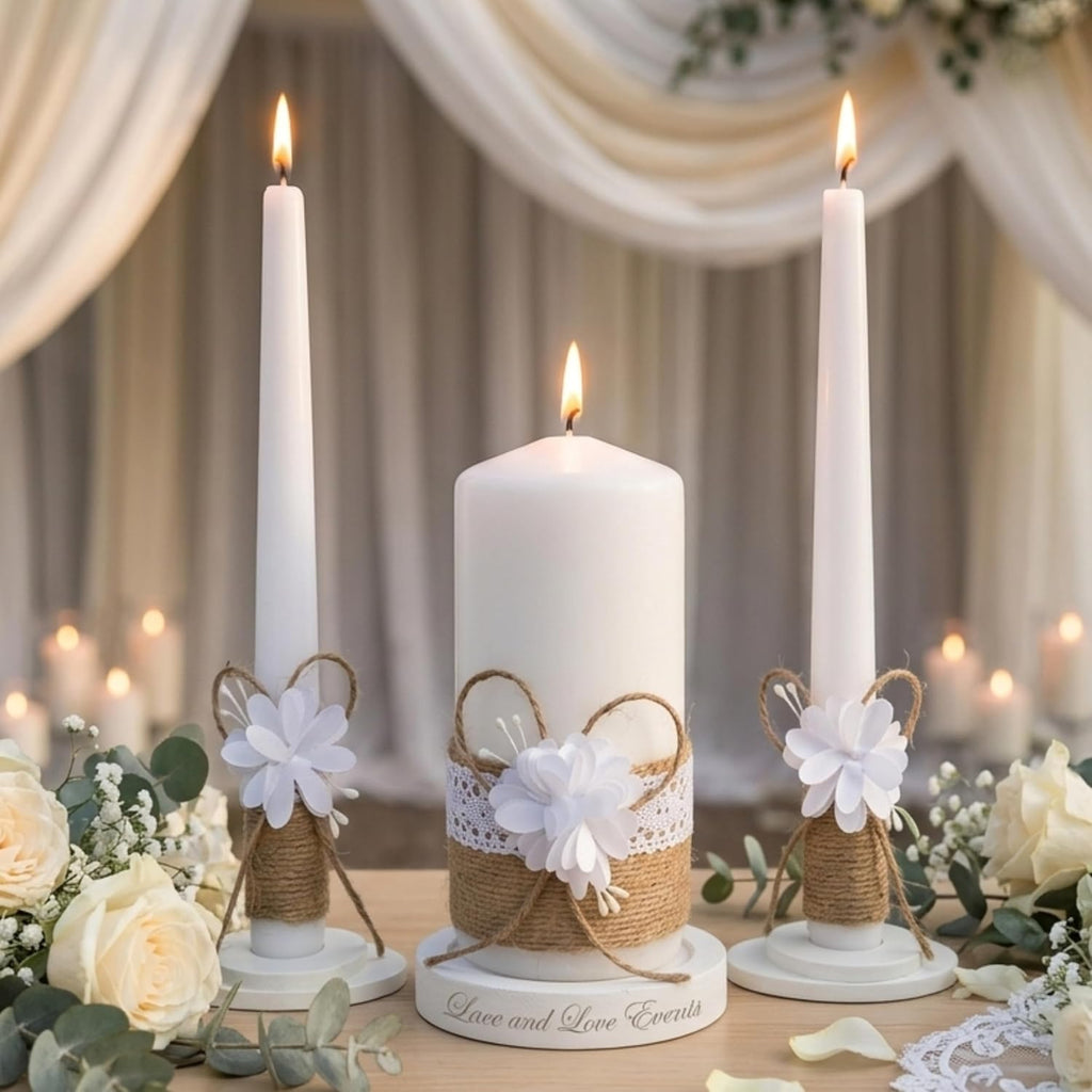Rustic Blossom Unity Candle Set for Wedding Ceremony & Reception, Rustic Boho Handmade Wedding Candles, White