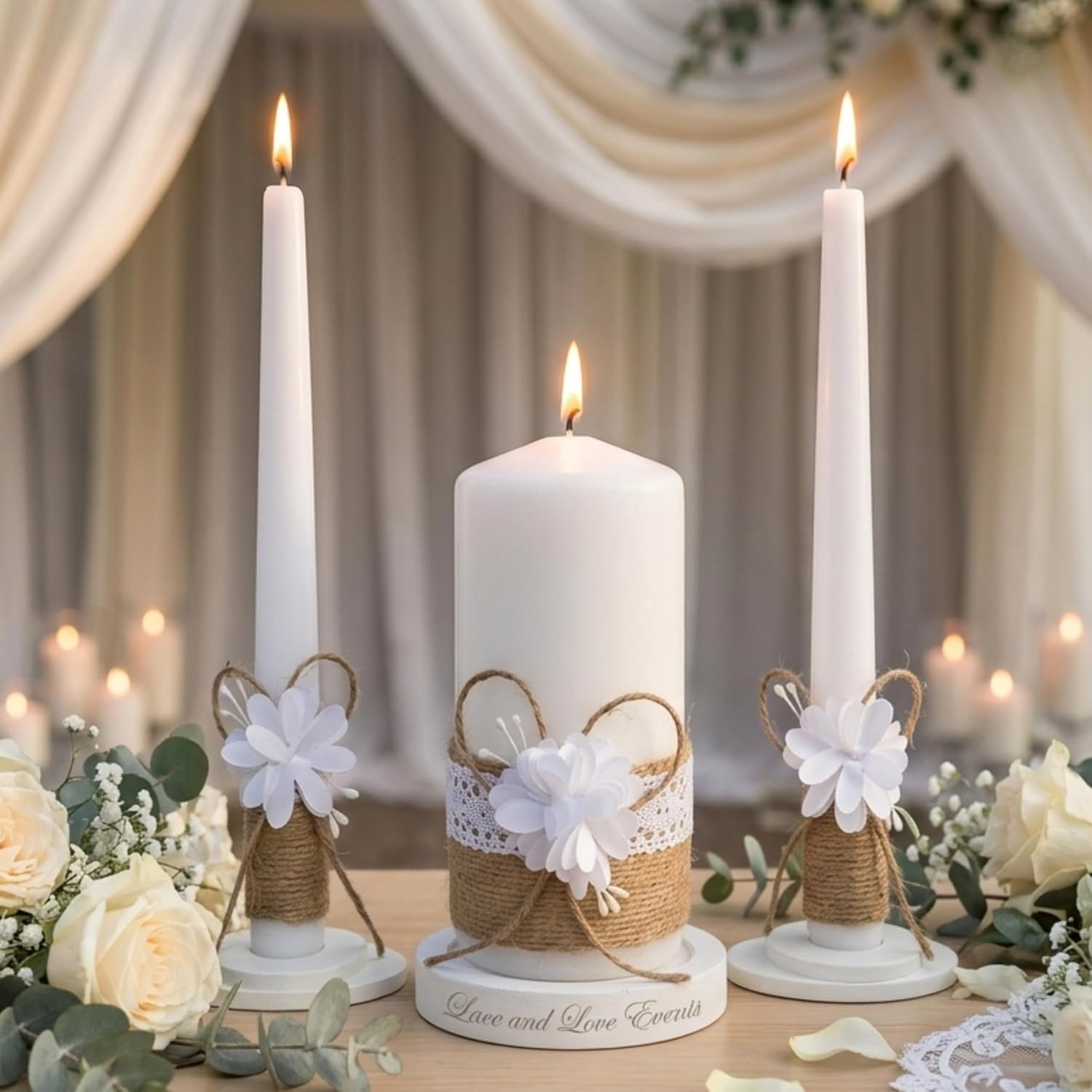 Rustic Blossom Unity Candle Set for Wedding Ceremony & Reception, Rustic Boho Handmade Wedding Candles, White