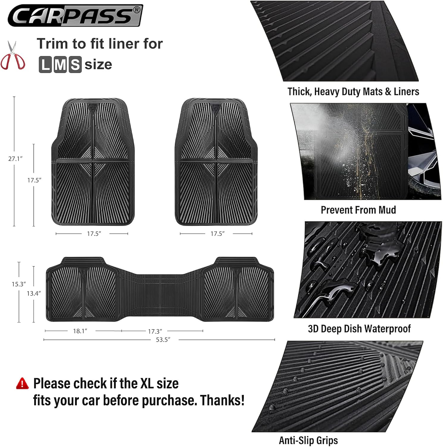 Rubber Floor Mats, All Weather Waterproof Trim-to-Fit Automotive Mats for Cars Trucks SUV, Anti-Slip Easy Clean