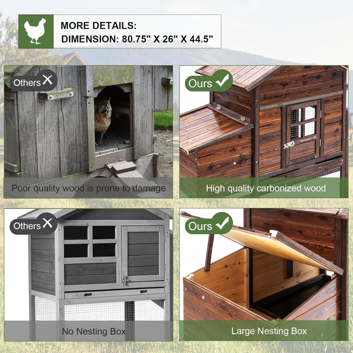 Wooden Chicken Coop Large Outdoor Hen House with Nest Box Poultry Cage Rabbit Hutch 80''- Waterproof UV Panel Brown