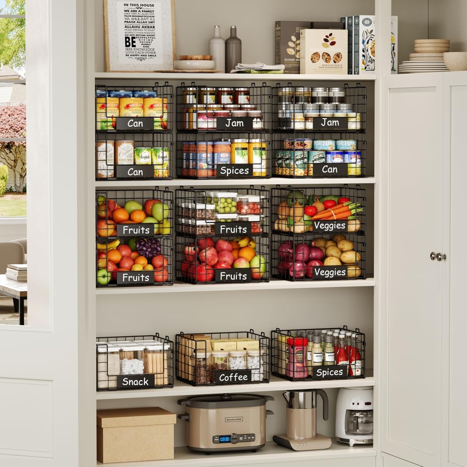 3 Pack Stackable Wire Baskets with NamePlates for Pantry Organizers and Storage, XL Fruit and Vegetable Basket, Metal