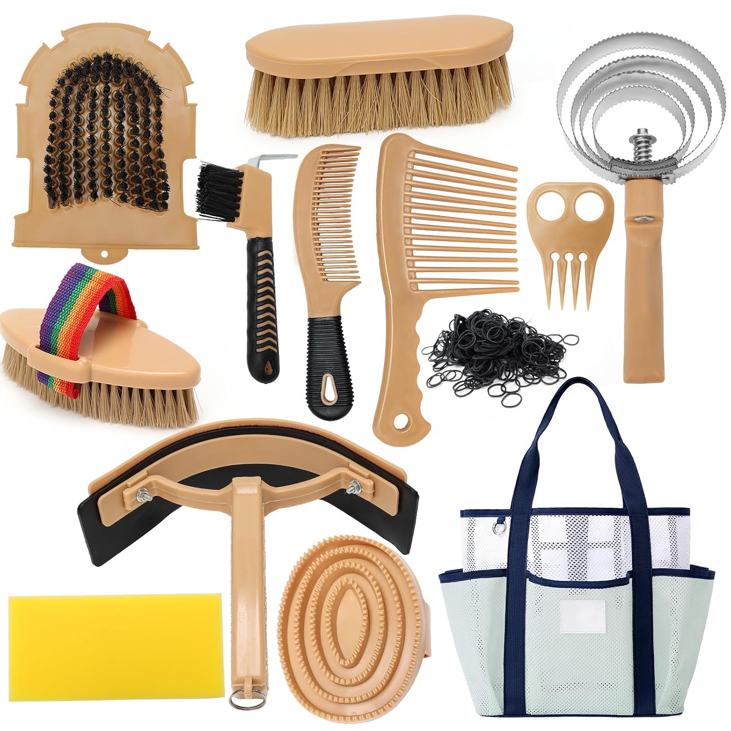 Horse Grooming Kit for Bathing, 13Pcs Horse-Brush Set with Mesh Bag, Shower Brushes, Braiding and Curry Comb, Sweat