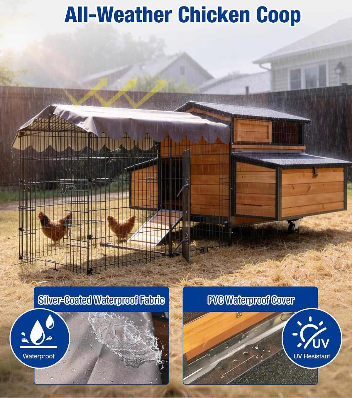 Large Chicken Coop with Run, Upgraded with All-Arounded Iron Frame Chicken Tractor, Chicken Chicken House with Large
