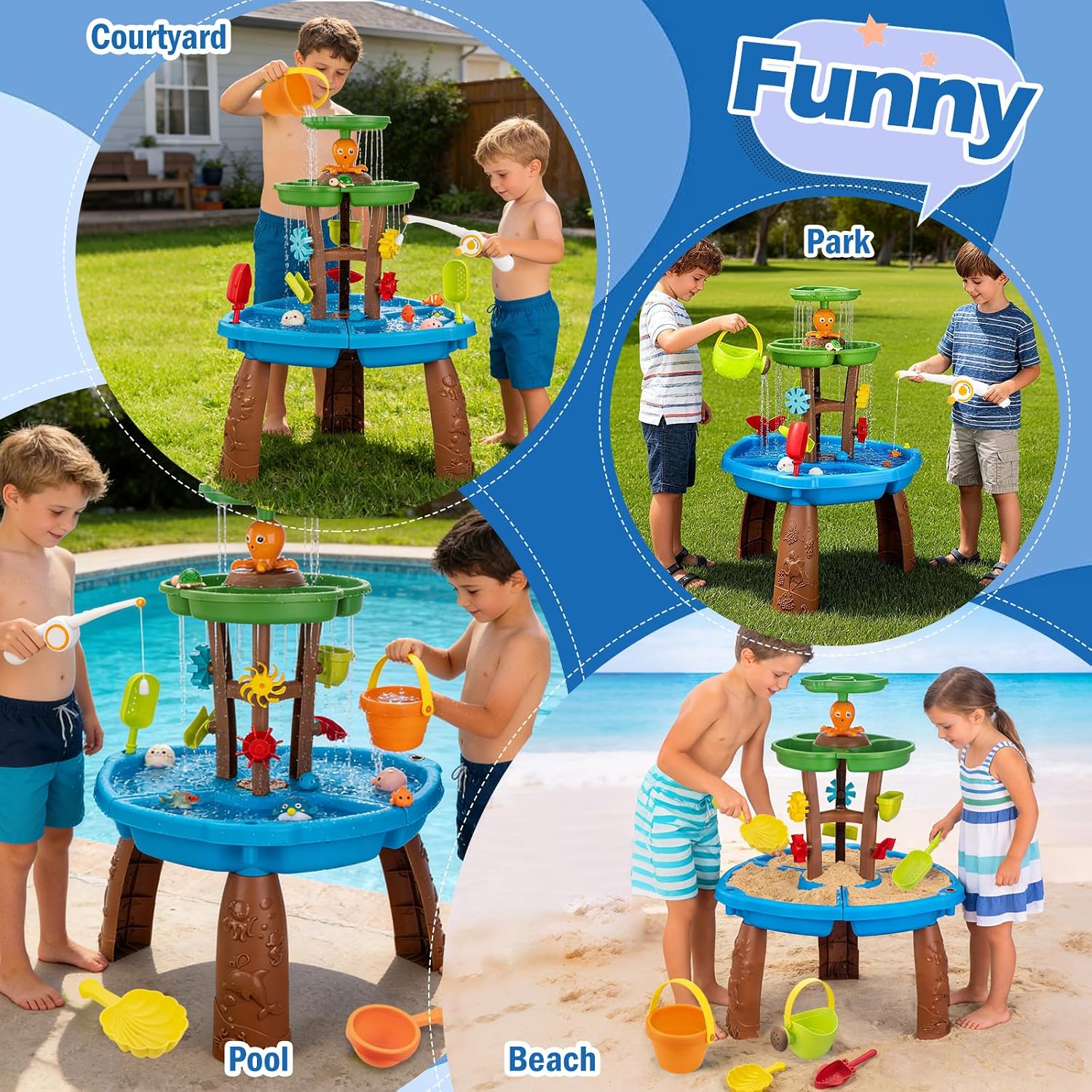 Water Table for Toddlers with Fishing Game Set 3-Tier Kids Sand Water Table Sensory Outdoor Toys for Kids Ages 4-8