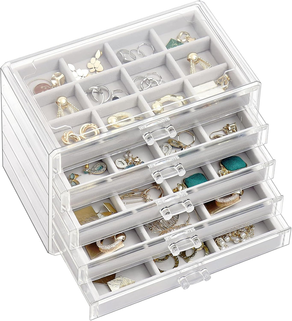 Earring Holder Organizer Jewelry Box with 5 Drawers, Acrylic Clear Earring Case with Adjustable Velvet Trays for
