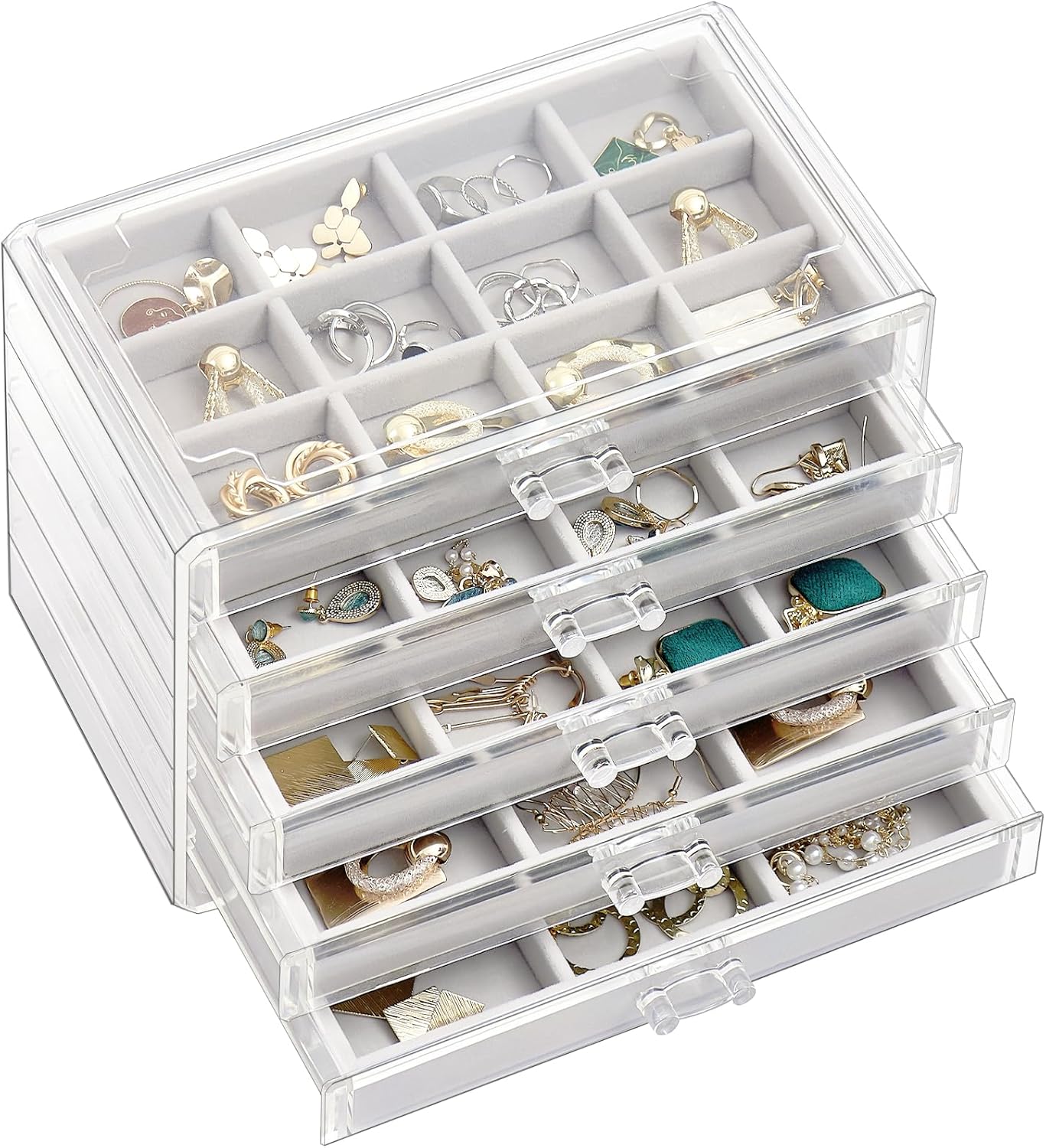 Earring Holder Organizer Jewelry Box with 5 Drawers, Acrylic Clear Earring Case with Adjustable Velvet Trays for