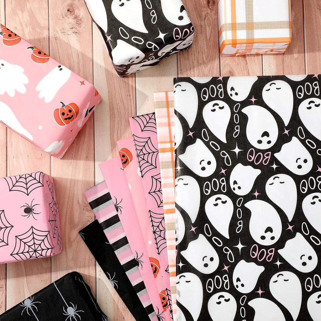 105 Sheets Halloween Tissue Papers 7 Designs Pink Orange Black Wrapping Paper Ghost Pumpkin Spider Web Decorative Art