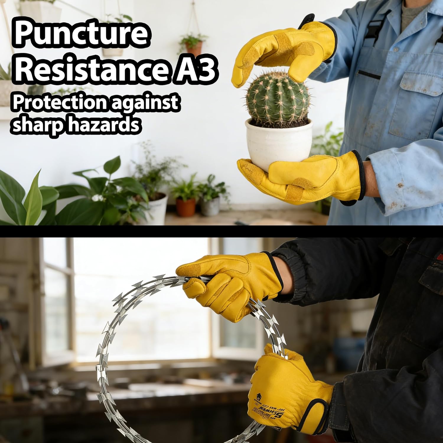 ANSI A9 Cut Resistant Leather Work Gloves, PM3401 Cut Proof Gloves, Reinforced Fingertips & Palm Cowhide Work Gloves