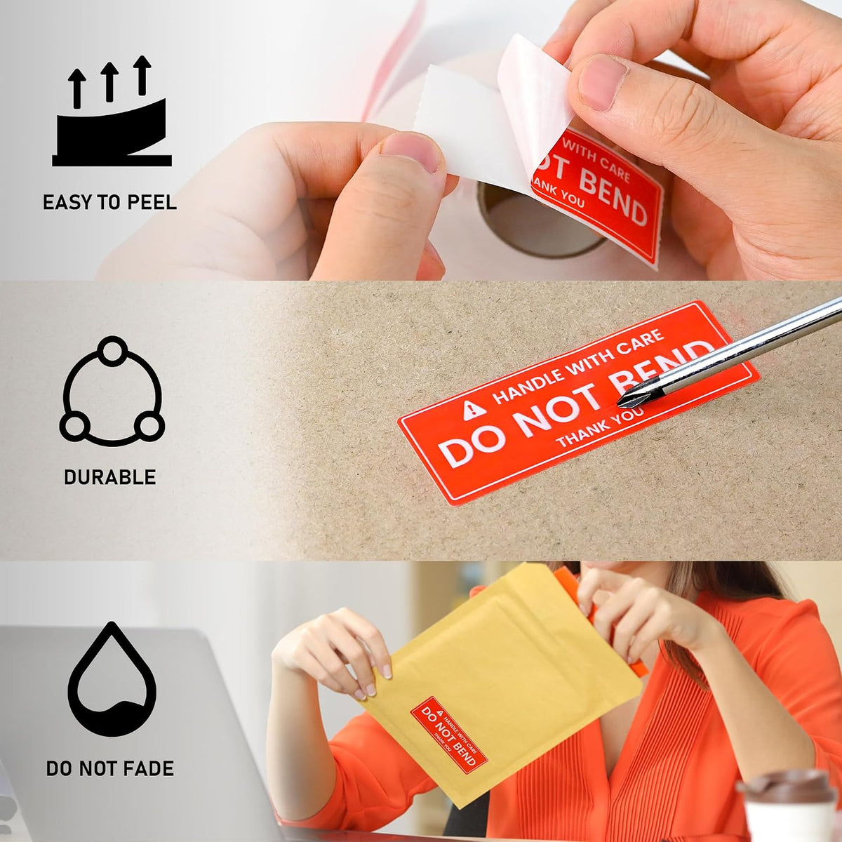 1x3 Inches 1000 Handle with Care - Do Not Bend Stickers