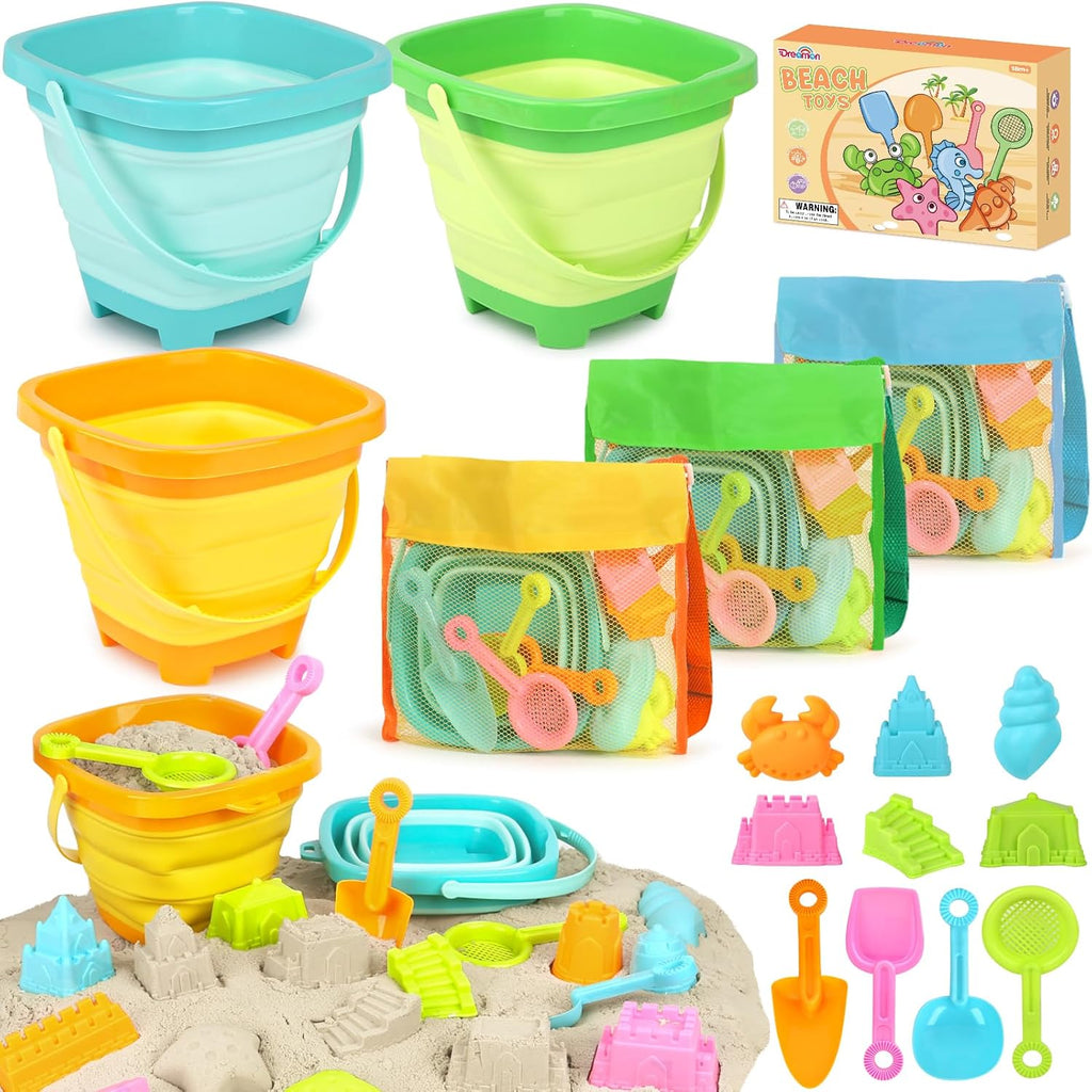 Beach Toys for Kids Toddlers, 3 Collapsible Sand Buckets and Shovels Set | Collapsible Sand Toys with 3 Pack Foldable
