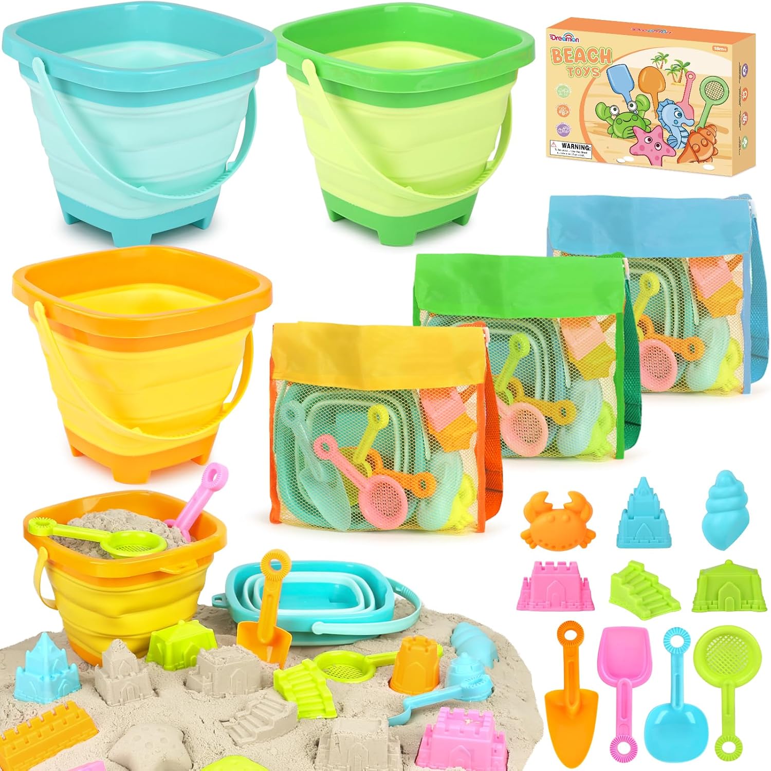 Beach Toys for Kids Toddlers, 3 Collapsible Sand Buckets and Shovels Set | Collapsible Sand Toys with 3 Pack Foldable