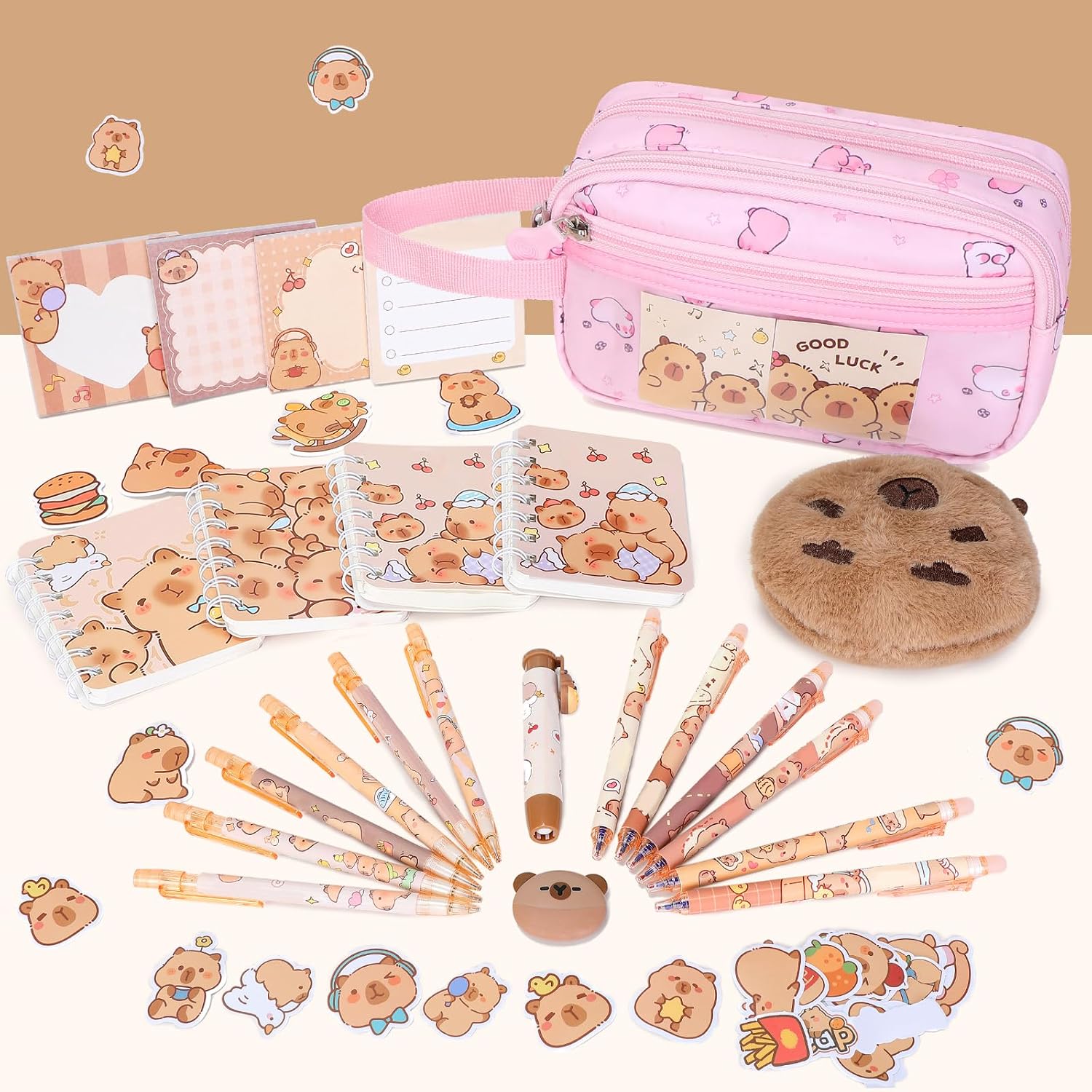 Capybara Theme Backpack for School Girls, 35PCS Kids Backpack Set with School Supplies Stationery Kit Lunch Box