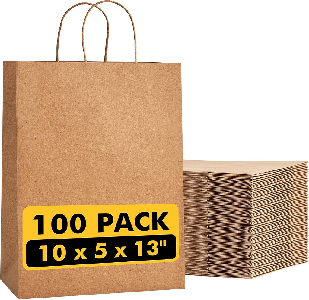 Large Brown Kraft Paper Bags 100 Pack 10x5x13 in with Handles