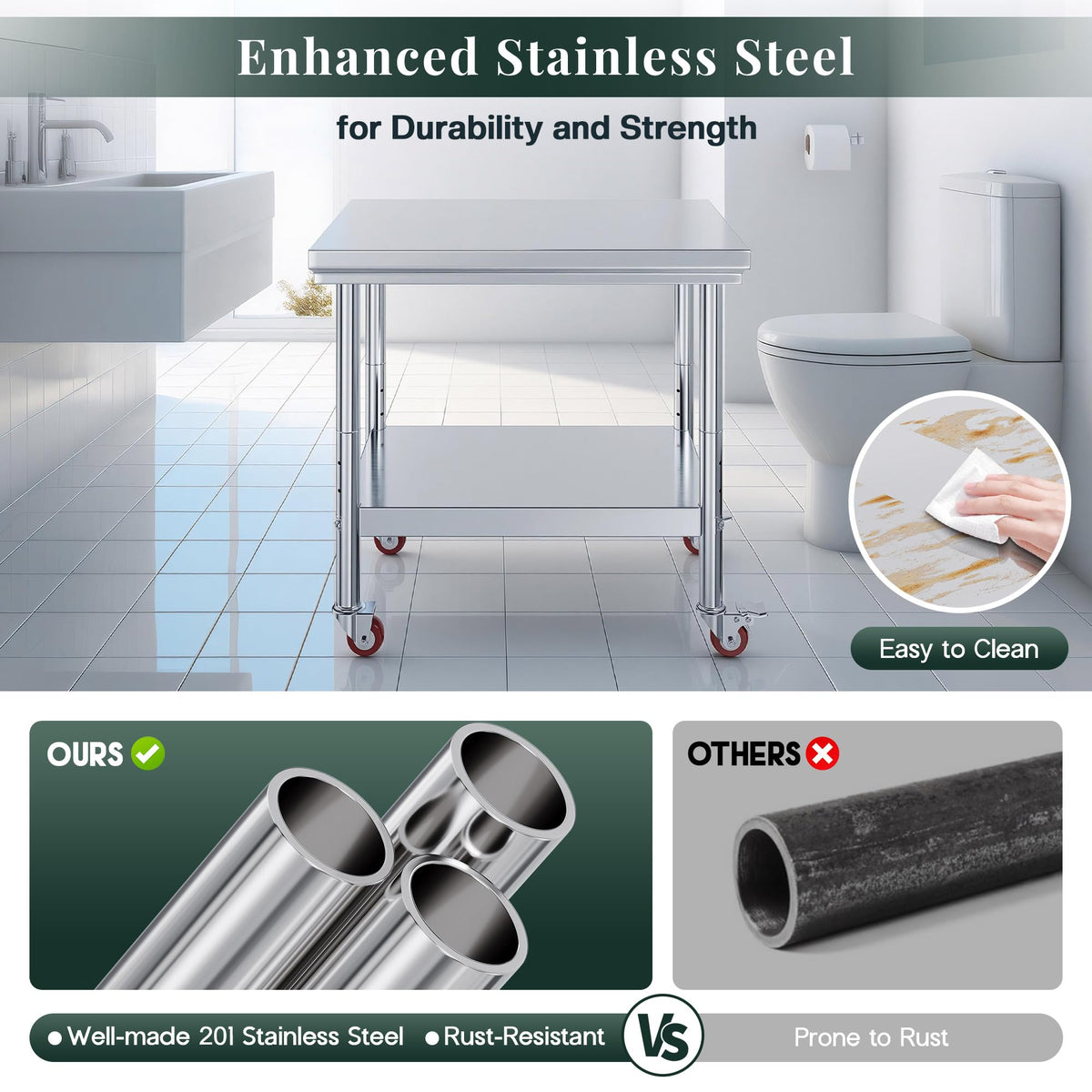 24x36 Inch Stainless Steel Prep and Work Table with Wheels