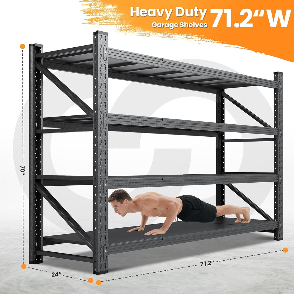 71”W Garage Shelving Units, 5000LBS Storage Shelves Heavy Duty, 24" Deep Metal Shelving Rack, 4 Tier Large Tall