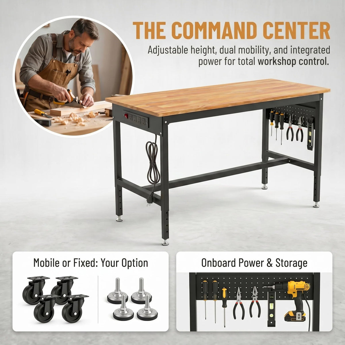 70 Inch Rolling Adjustable Workbench with Power Outlet