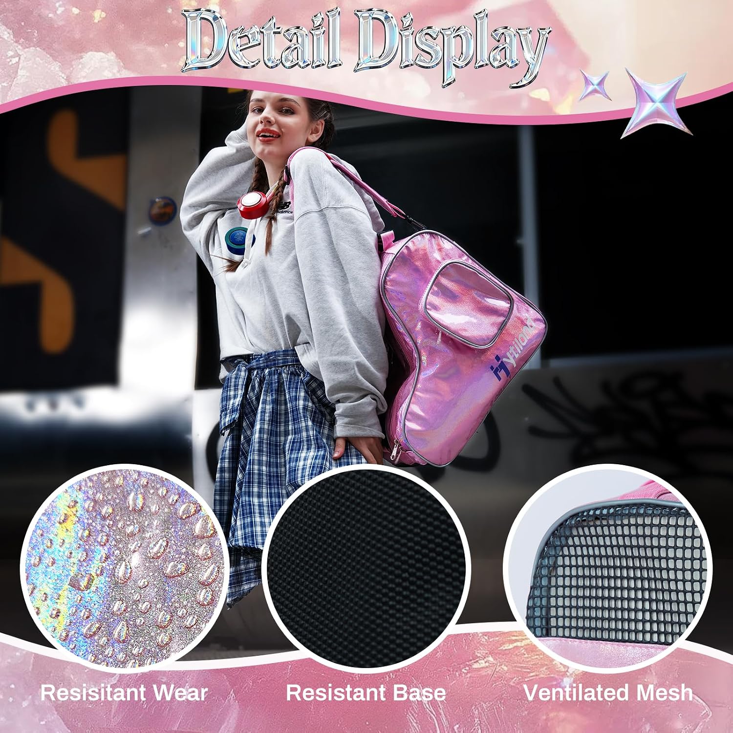 Roller Skate Bag for Inline Skates Ice Skates and Figure Skating Stylish Plain Holographic Fashion Design Spacious