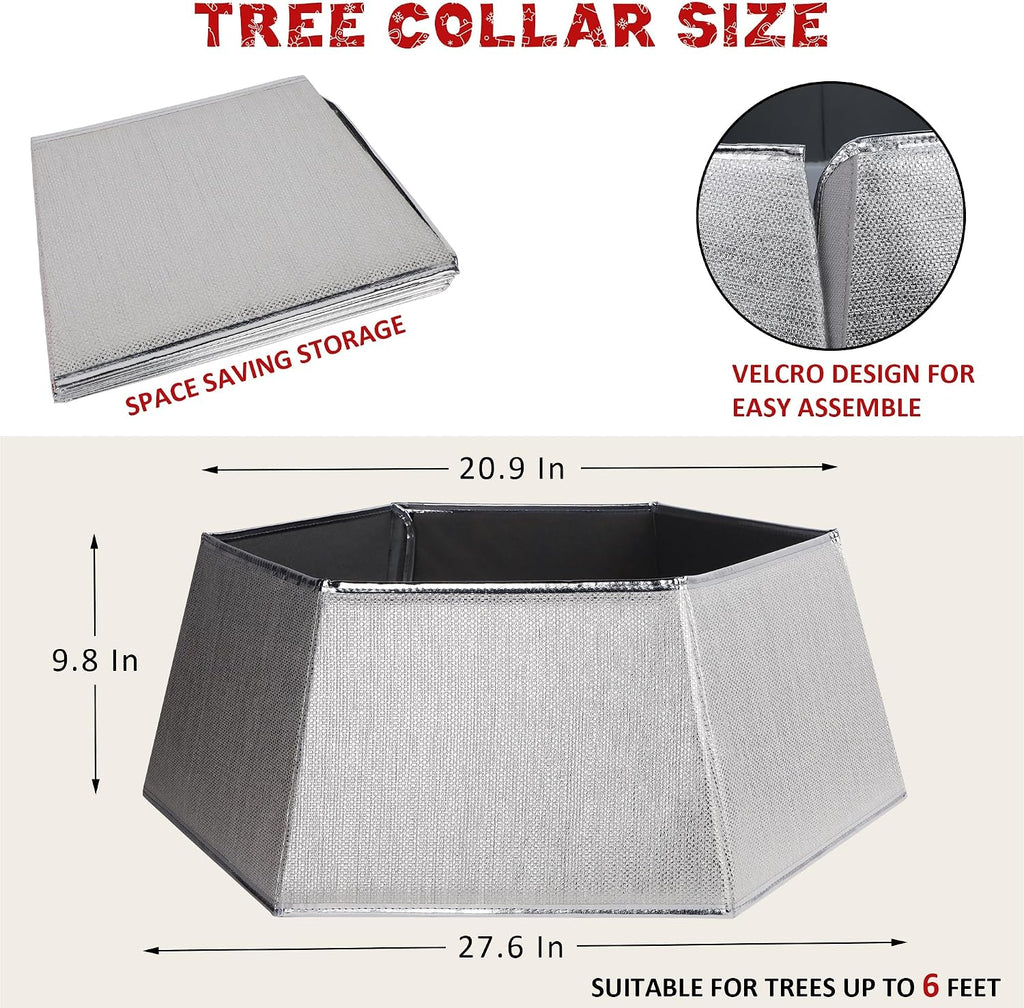 Hexagonal Christmas Tree Collar - Shiny Fabric Tree Skirt, Decorative Tree Ring for Holiday & Xmas Decor (Shiny Silver)