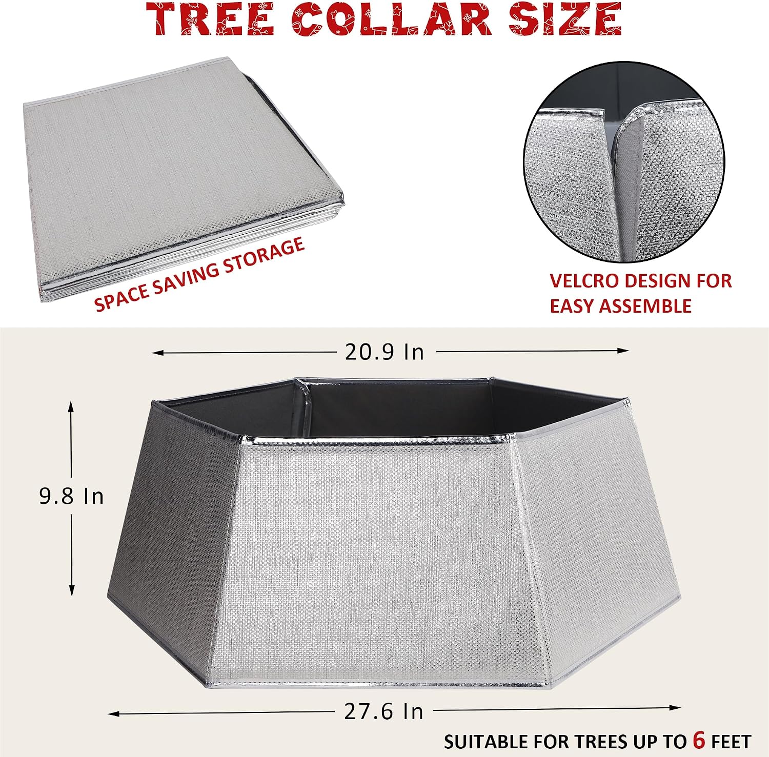 Hexagonal Christmas Tree Collar - Shiny Fabric Tree Skirt, Decorative Tree Ring for Holiday & Xmas Decor (Shiny Silver)