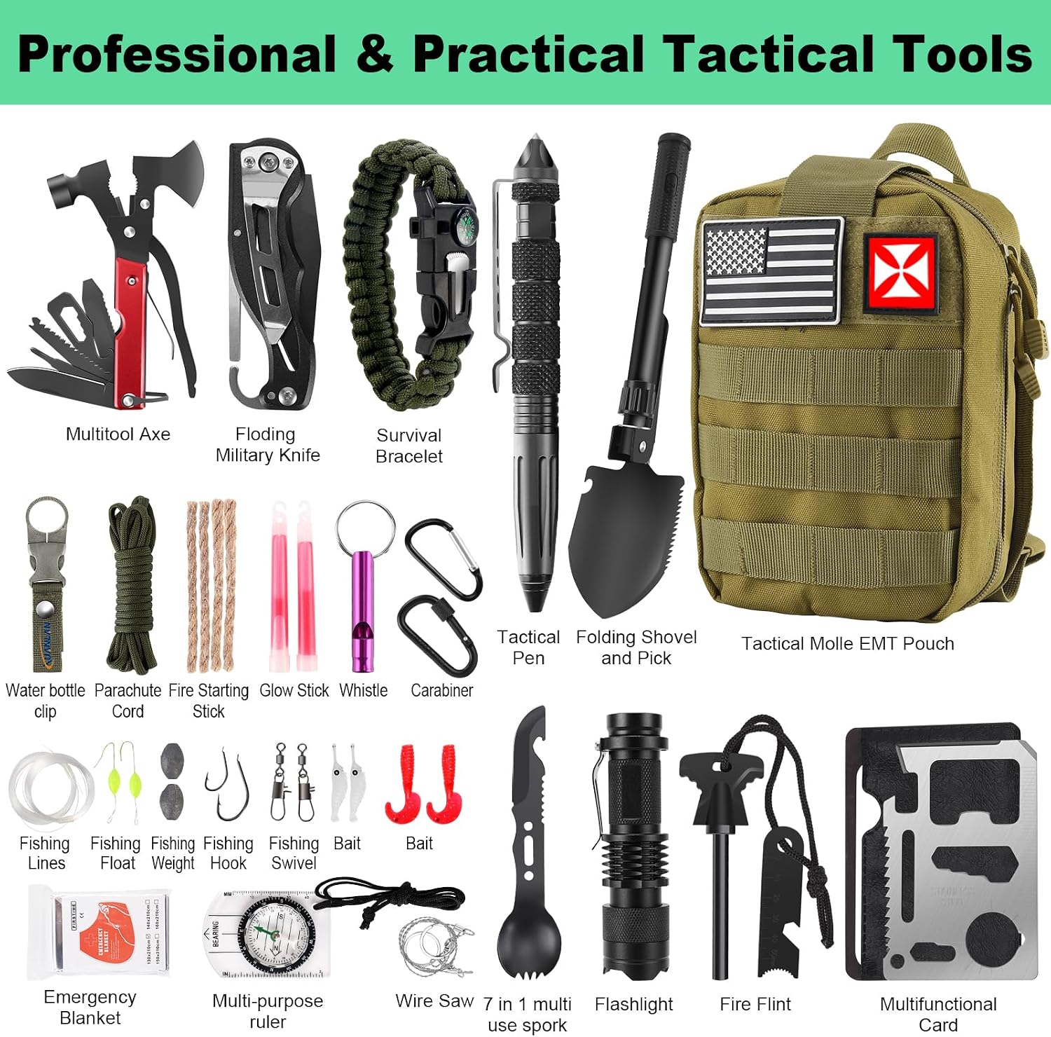 Survival Kit 256 in 1, First Aid Kit Survival Gear Tools Trauma Kit with Molle Pouch for Outdoor, Camping, Hunting