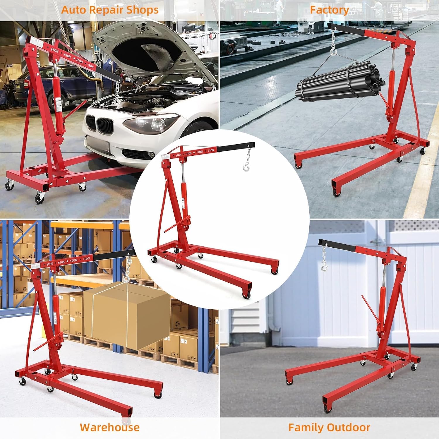 2 Ton Engine Hoist, Hydraulic Cherry Picker Engine Crane, Red