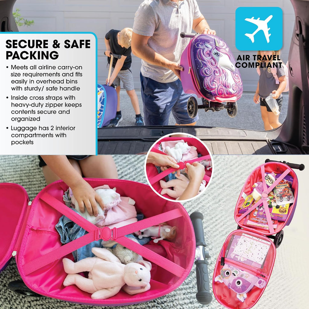 Girls Ride-On Scooter Suitcase, Foldable TSA Carry-On Luggage