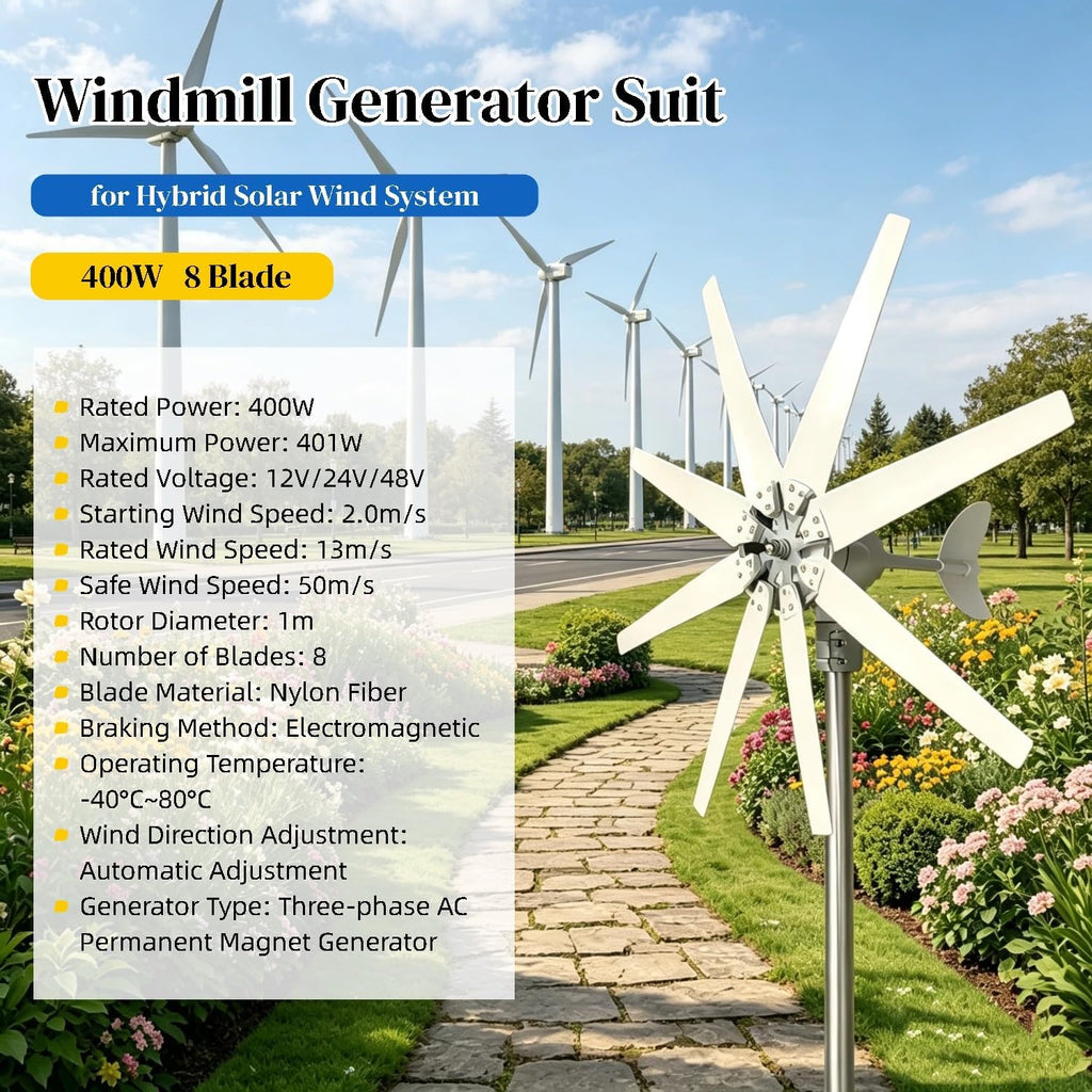 Wind Turbine Generator Kit 400W 12V 24V 48V 220V w/8 Blade, 3 Phase AC Windmill Generator Suit Built in Controller