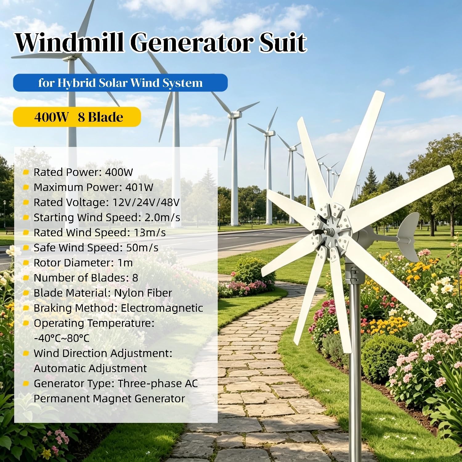 Wind Turbine Generator Kit 400W 12V 24V 48V 220V w/8 Blade, 3 Phase AC Windmill Generator Suit Built in Controller