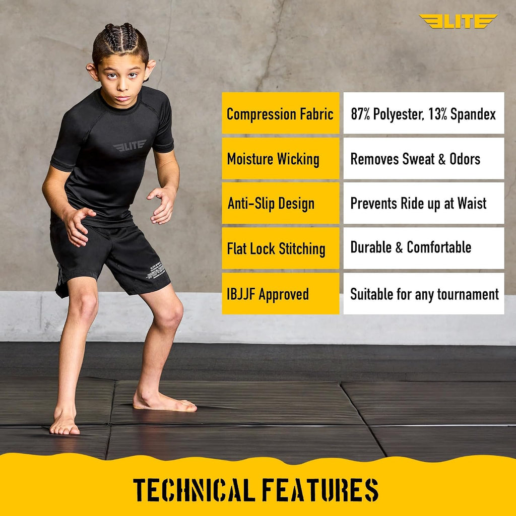 Kids Jiu Jitsu BJJ Rash Guard, Short Half Sleeve Compression Shirt for Youth Boys Girls Sports Nogi Training