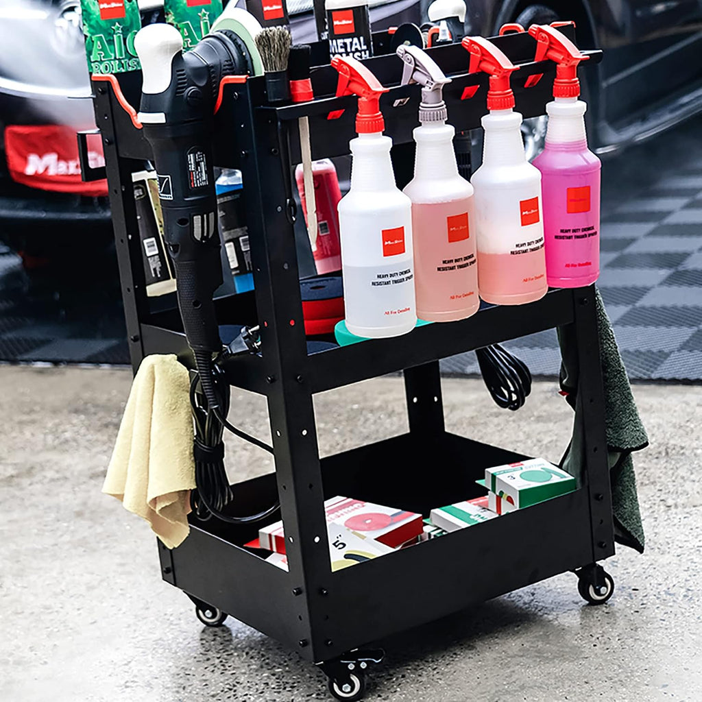 Premium Rolling Detailing Cart (22.05"D x 23.62"W x 31.5"H) - 3 Tier Rolling Utility Tool Cart (Black) -Easy Assembly