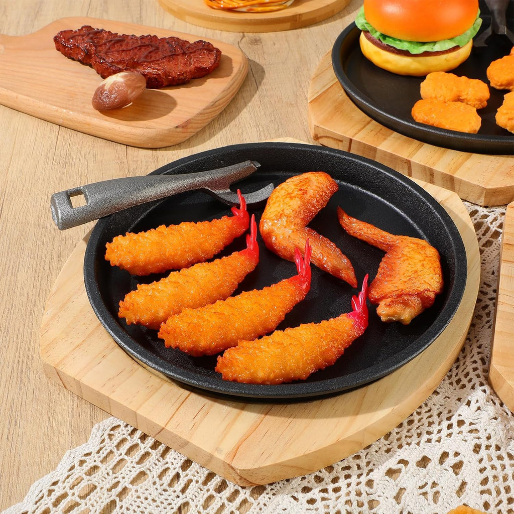 2 Set 10.3 Inch Cast Iron Fajita Plate Set with Wooden Base Anti Scald Protection Removable Handle Fajita Plate