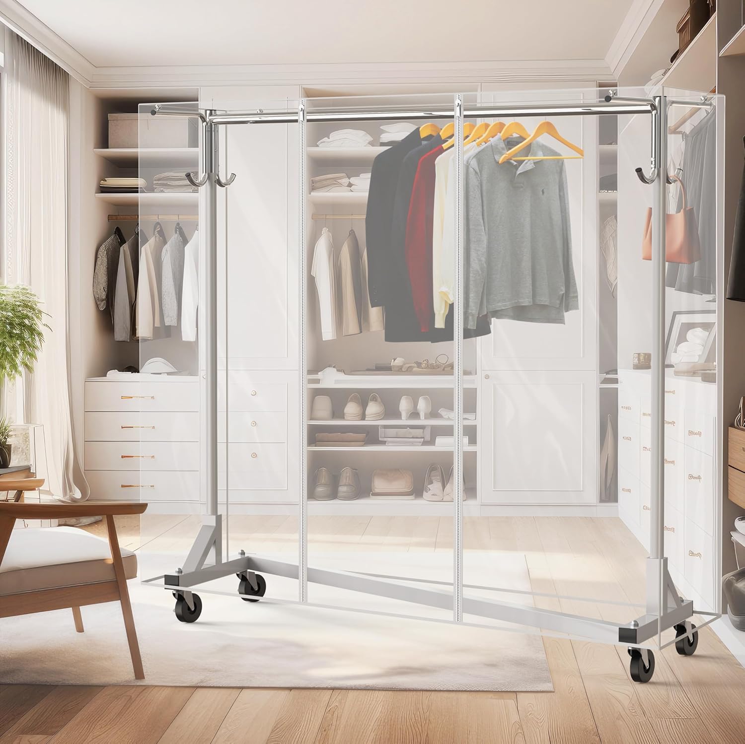 Industrial Grade Z-Base Garment Rack w/Cover Tube Bracket | 500Lb Load with 62" Extra Long Bar, Clear Cover