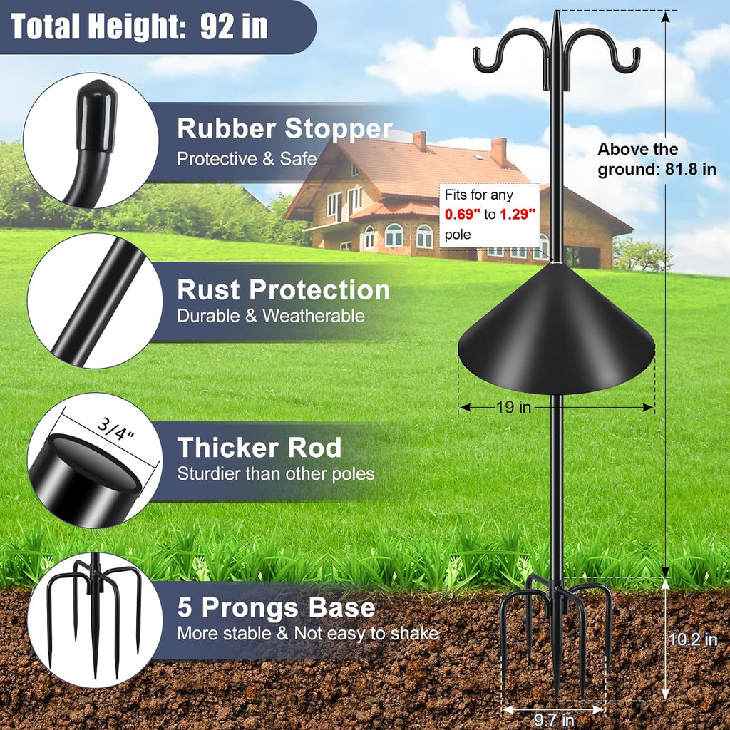 92 Inch Double Hook Bird Feeder Pole with 19 Inch Squirrel Baffle