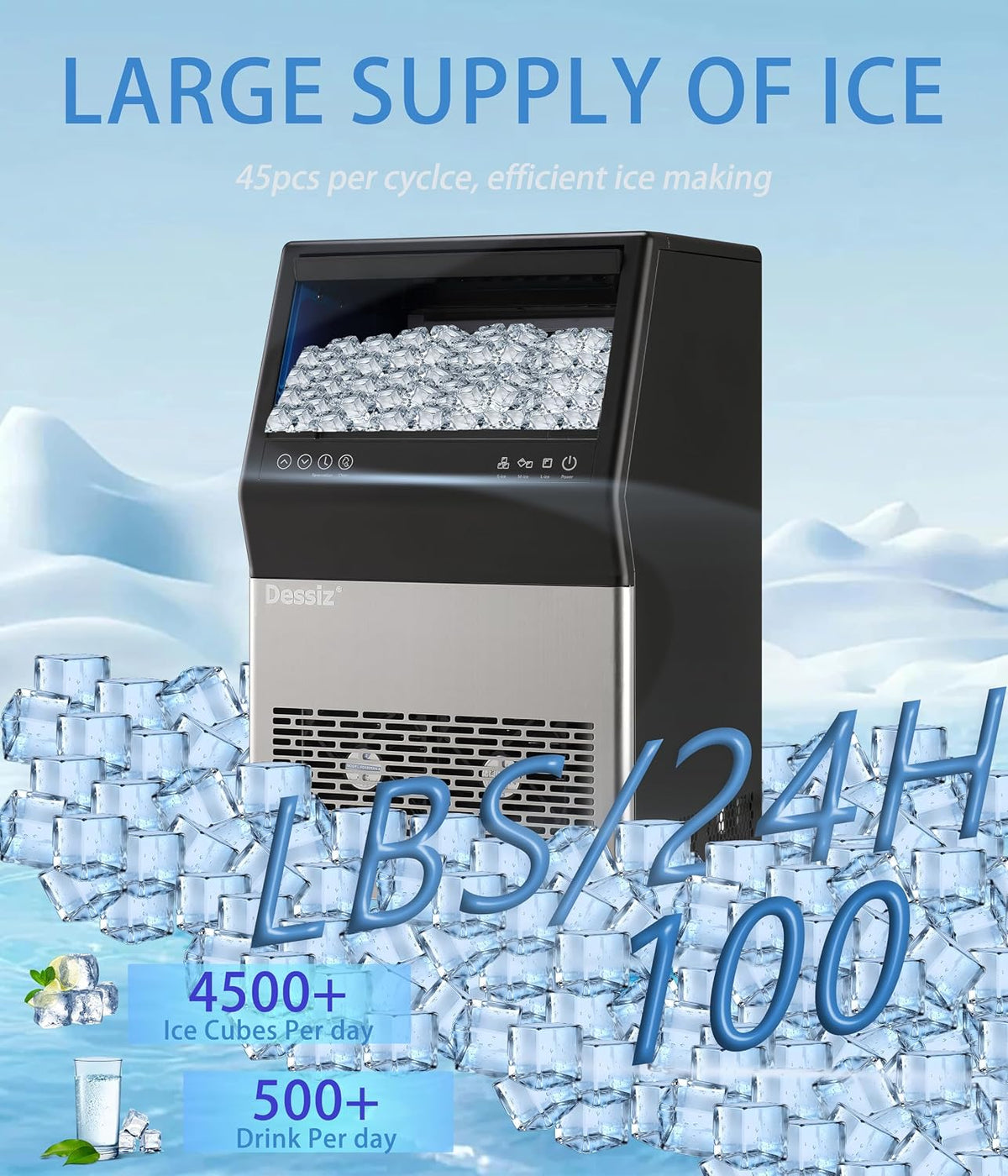 Commercial Ice Maker Machine, 100lbs/24H and 45pcs Stainless Steel Freestanding Ice Machine, Tap Water & Top Loading