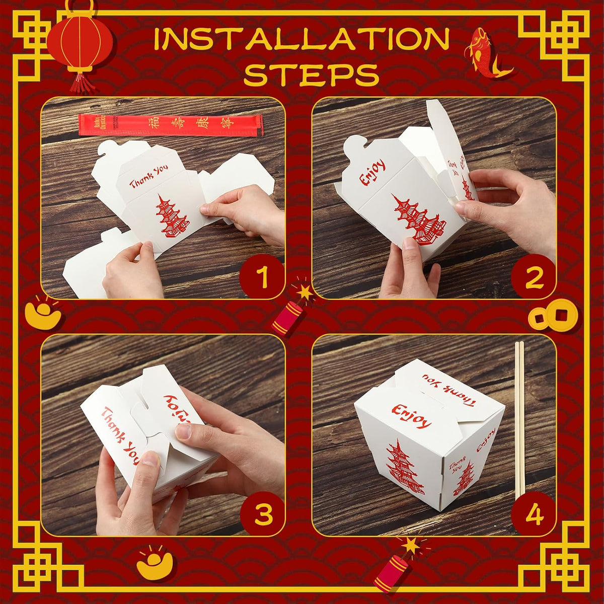 50 Set 16 oz Chinese Take out Boxes with Chopsticks Food Containers