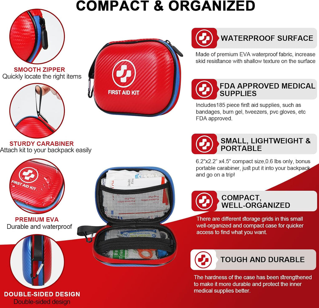 Small First Aid Kit - 185 Pieces Waterproof Emergency Kit for Home, Car, Office, Travel, Camping, Hiking & Outdoor